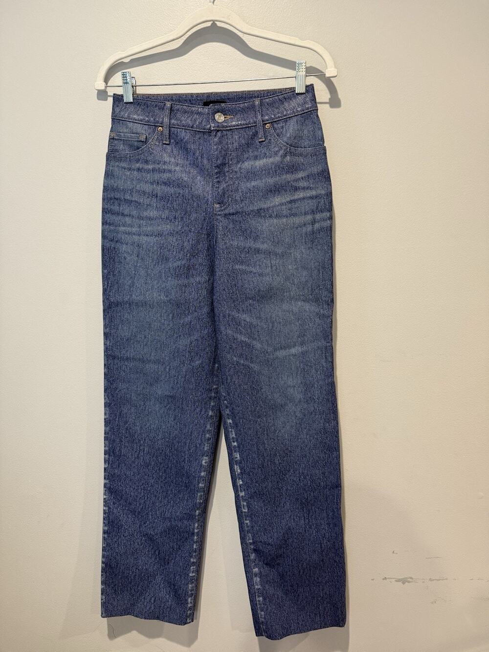 Express Straight Denim Coated Jeans Pants Blue Med Wash High Rise Stretch Size 2